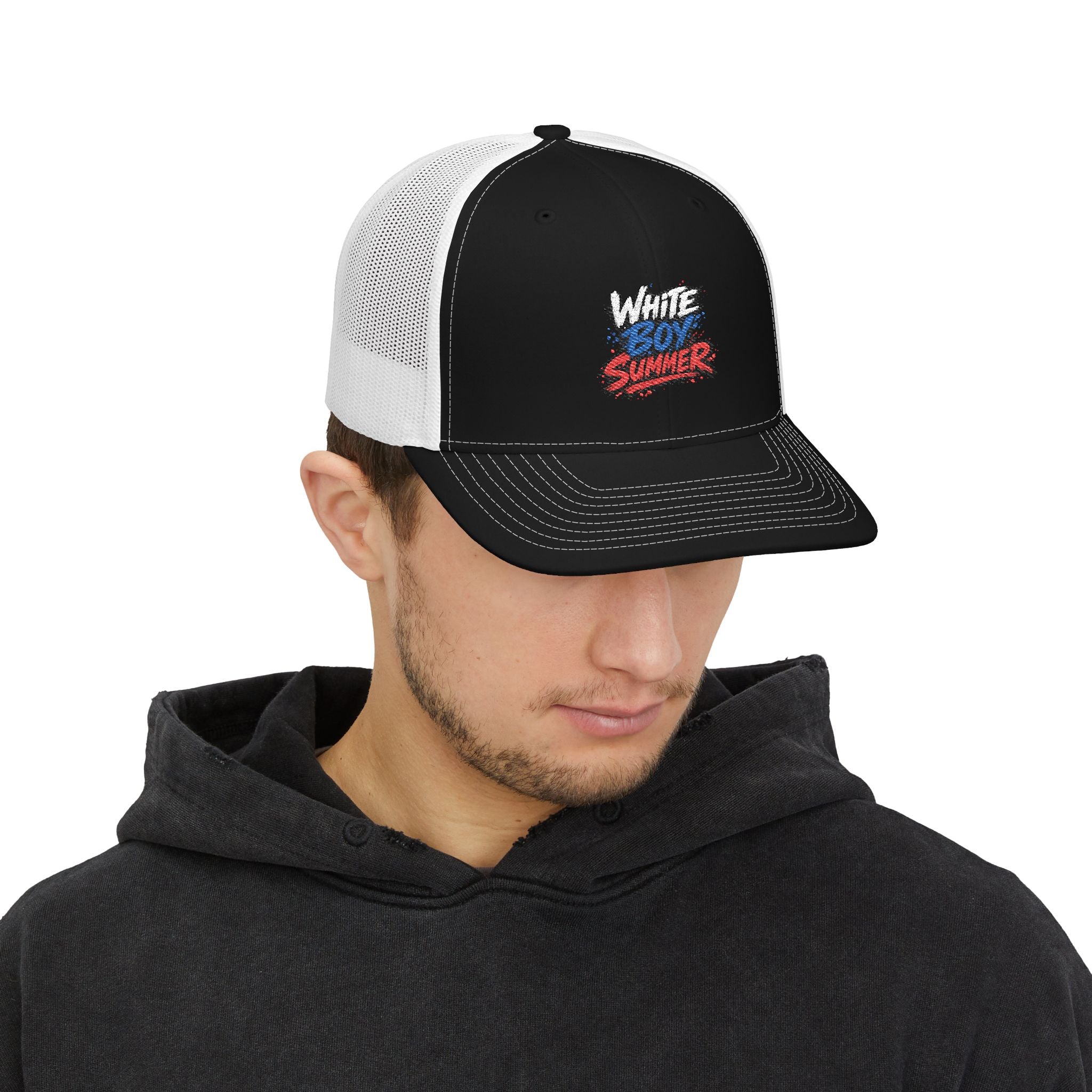 White Boy Summer Trucker Cap - Retro USA Flag Script Snapback Hat